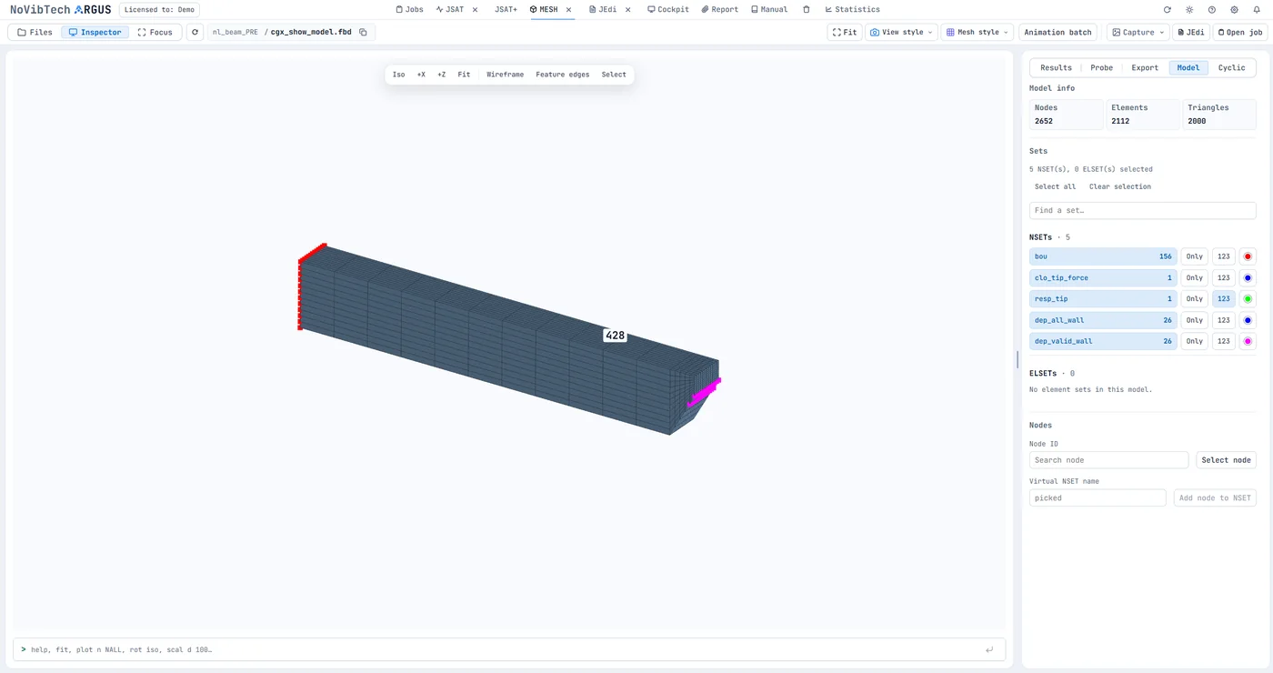 ARGUS MESH: FE-Modell mit farblich markierten Knotensets und Modellinformationen.